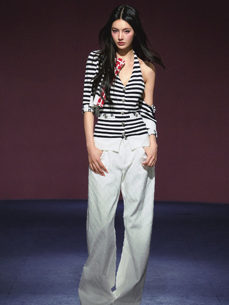 Contrast Stripe Halter Camisole Tank Top &amp; Cardigan Set - CHINASQUAD