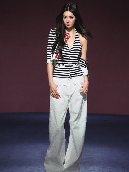 Contrast Stripe Halter Camisole Tank Top &amp; Cardigan Set - CHINASQUAD