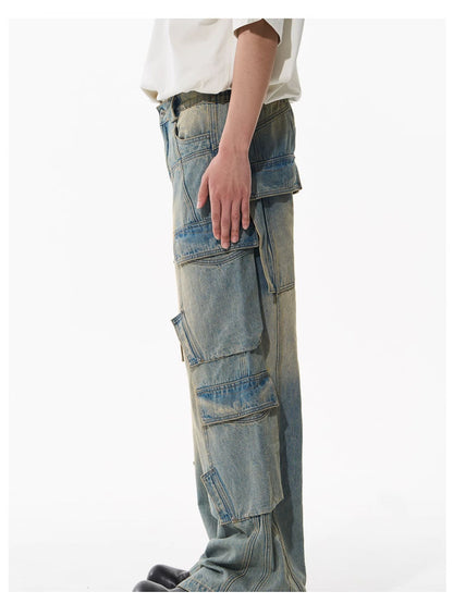 Washed Pocket-Panel Straight-Leg Denim Cargo Pants