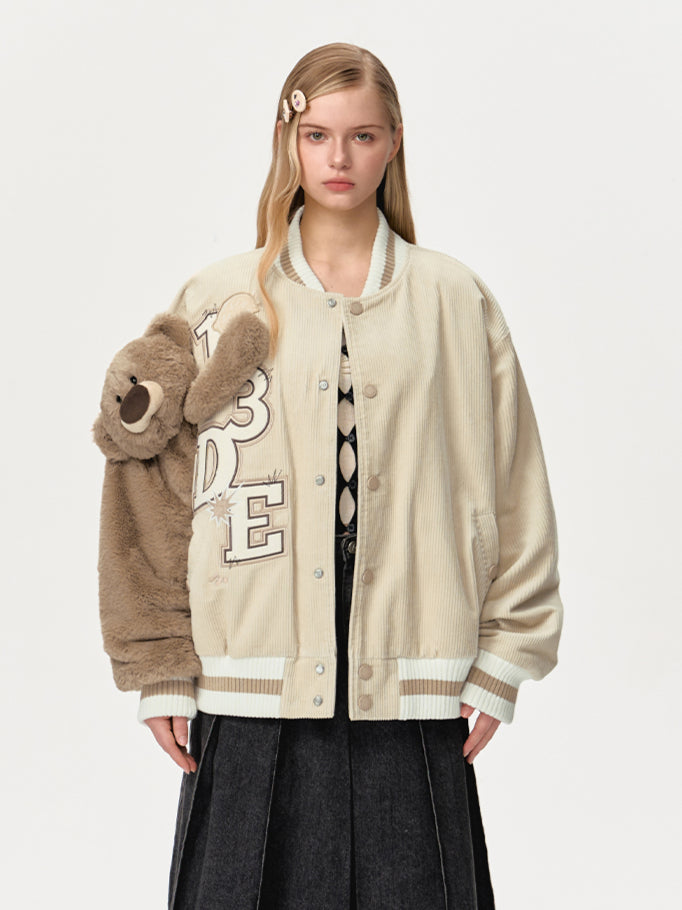 Bear Sleeve Corduroy Baseball Jacket