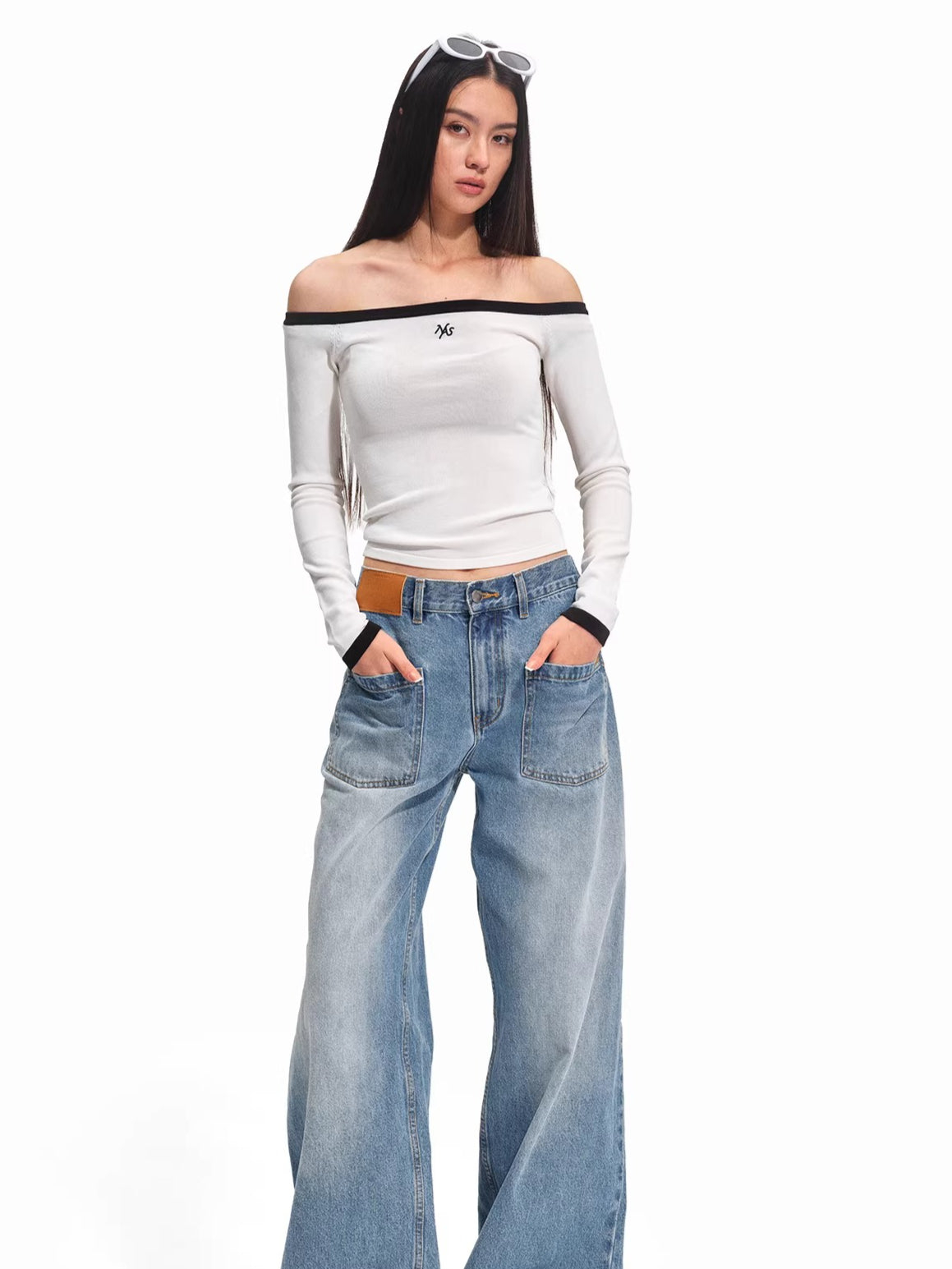 Kelly Off-Shoulder Contrast Knit Crewneck