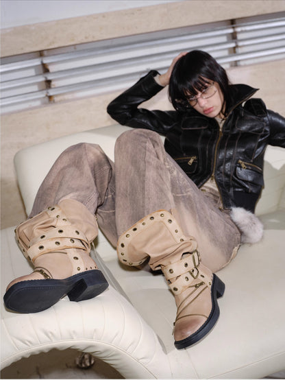 Retro Distressed Rivet Zipper Mid-Calf Boots