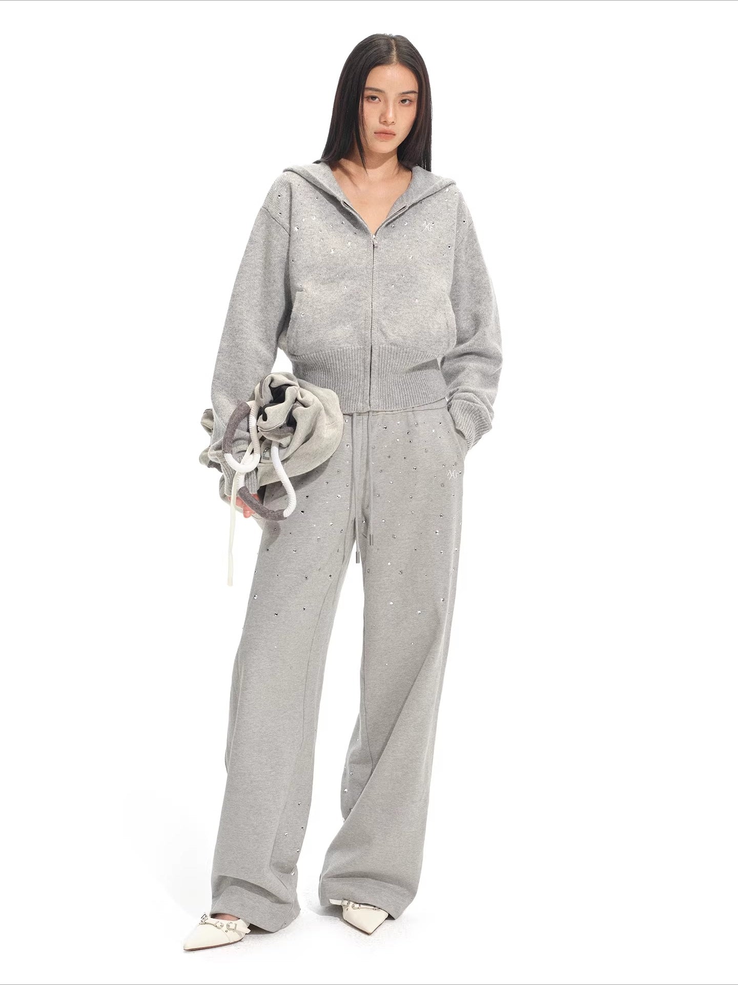 Gradient Rhinestone Cotton Knit Wide-Leg Pants