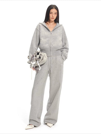 Gradient Rhinestone Cotton Knit Wide-Leg Pants