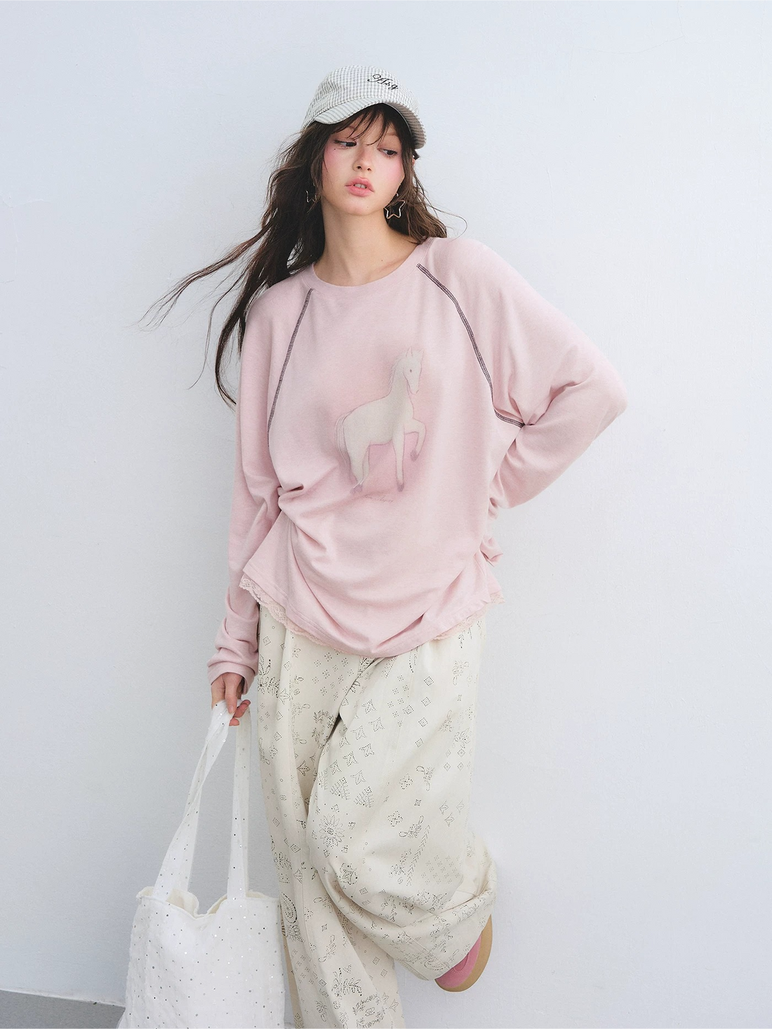 Lyocell Wool-Blend Raglan Sleeve Lace Hem Printed T-Shirt