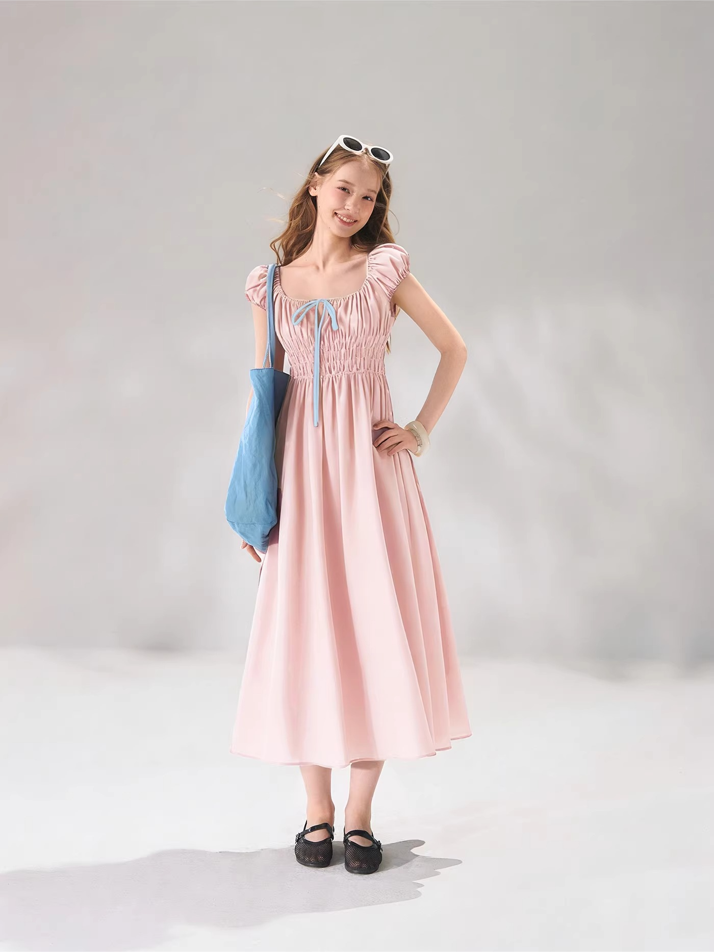 French Floral Tie-Waist Square Neck Puff Sleeve Dress