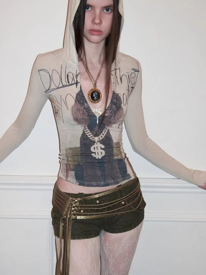 Zip-Up Hooded Long-Sleeve Fitted T-Shirt