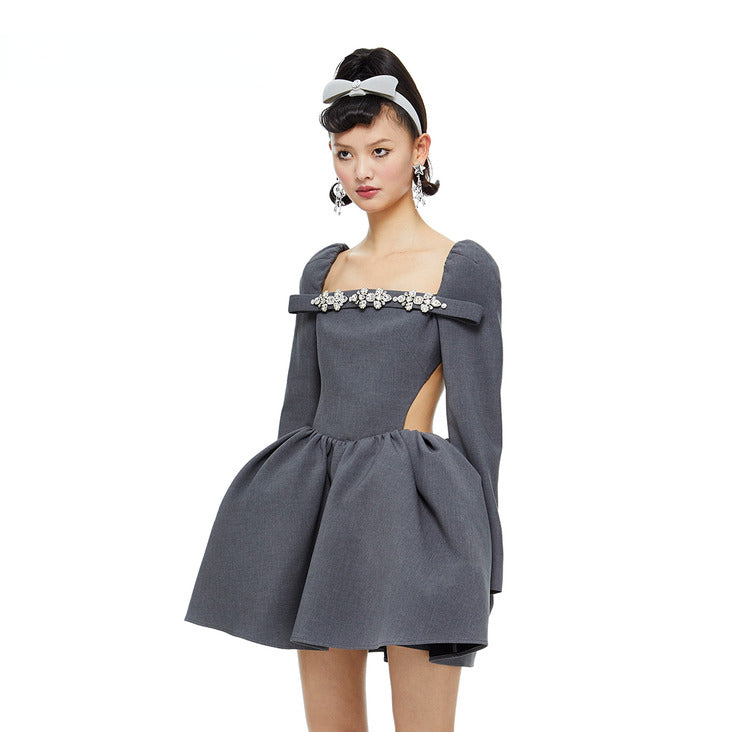 Black &amp; Grey Waist-cinched Diamond Embellished Mini Dress - CHINASQUAD