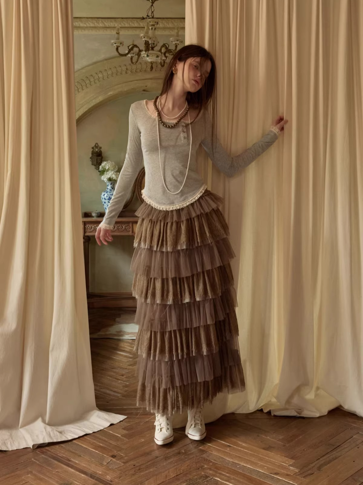 Asymmetric Henley Lace Trim Long Sleeve Top