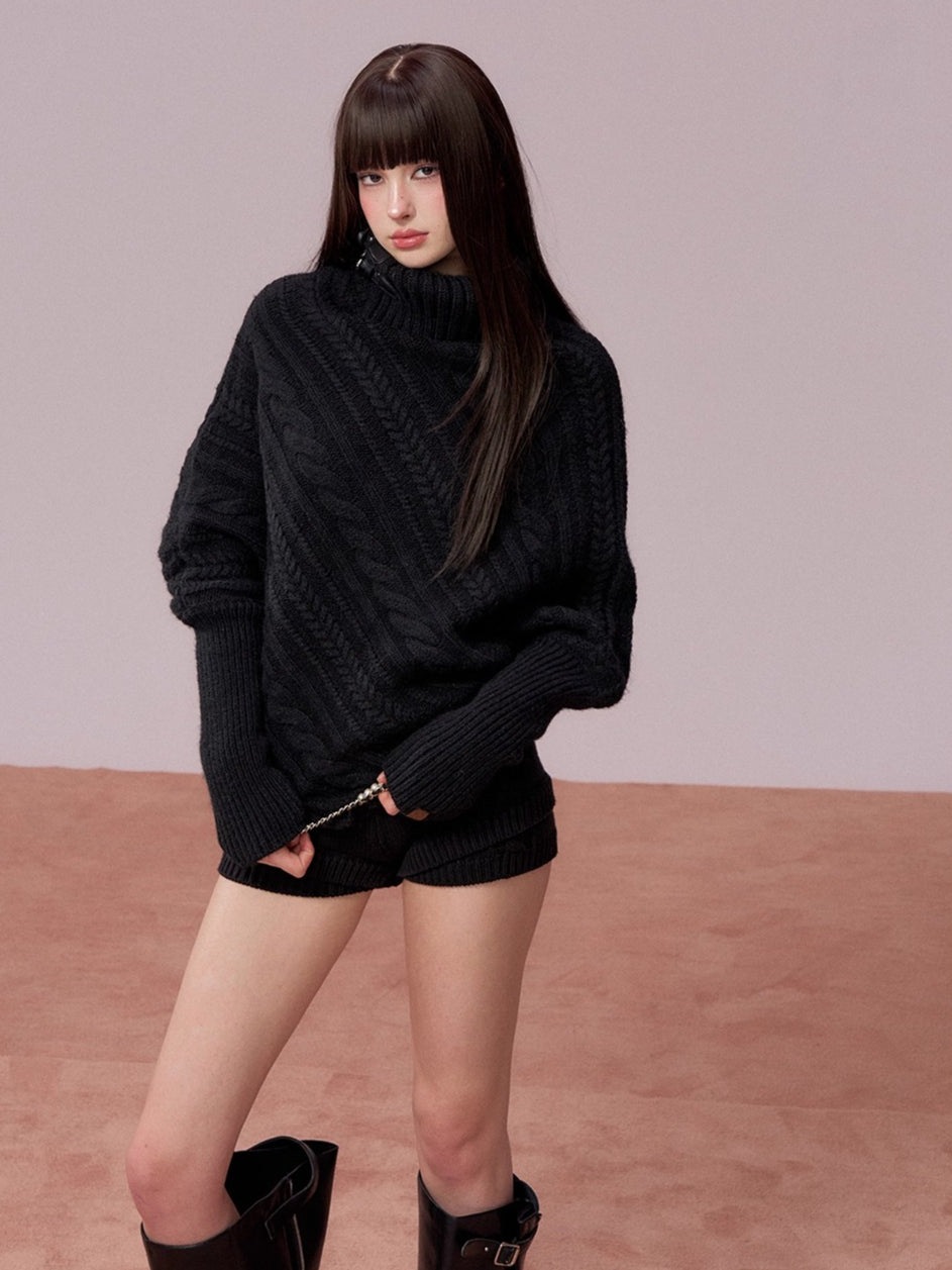 Leather-Buckle Thickened Cape Sweater