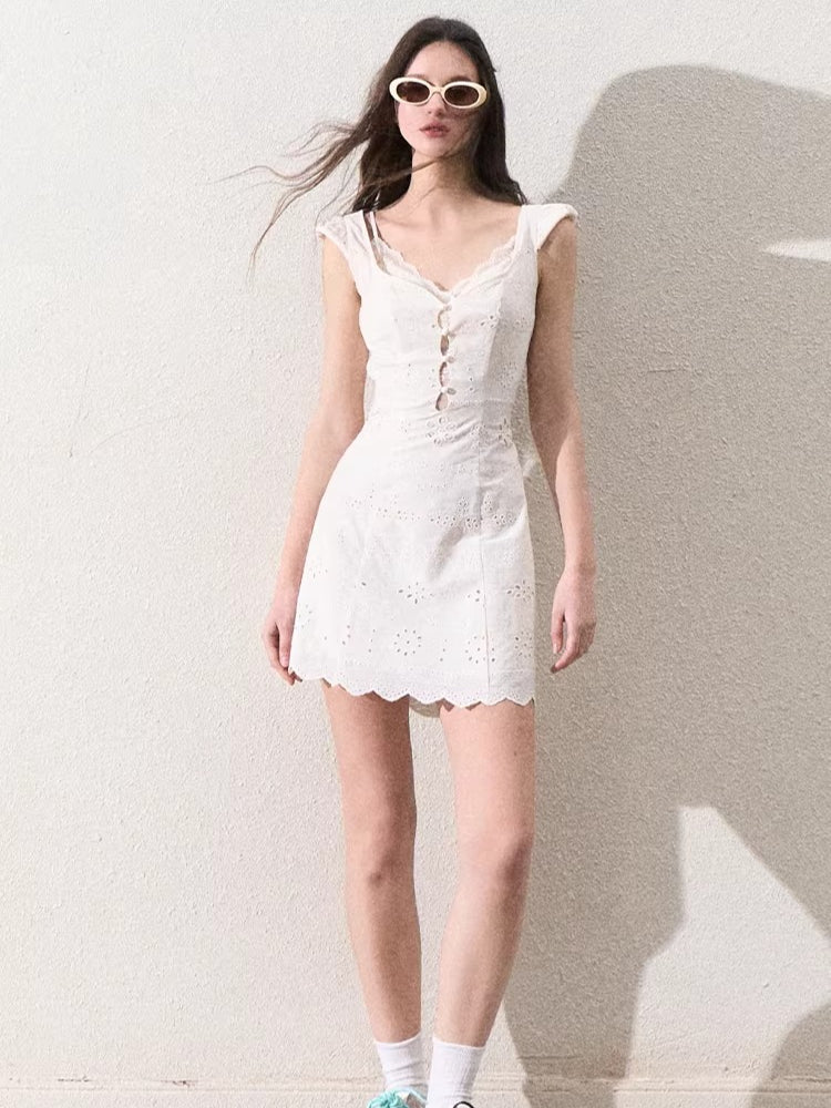 Cream White Lace-Panel Slim Fit Textured Dress