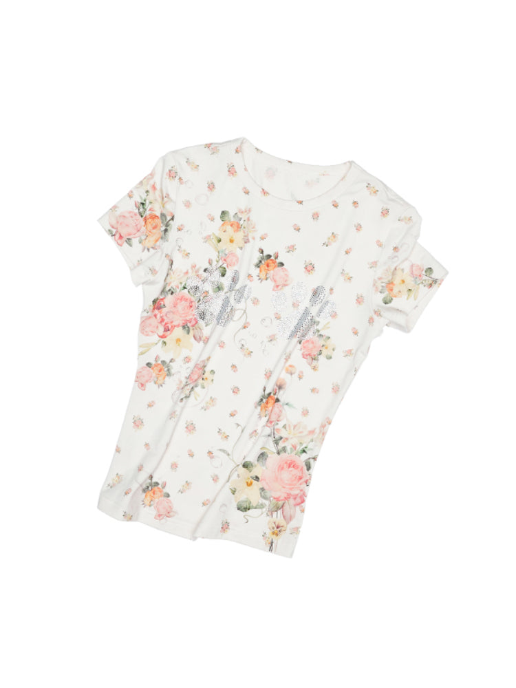 Floral Print Rhinestones Regular-shoulder T-shirt
