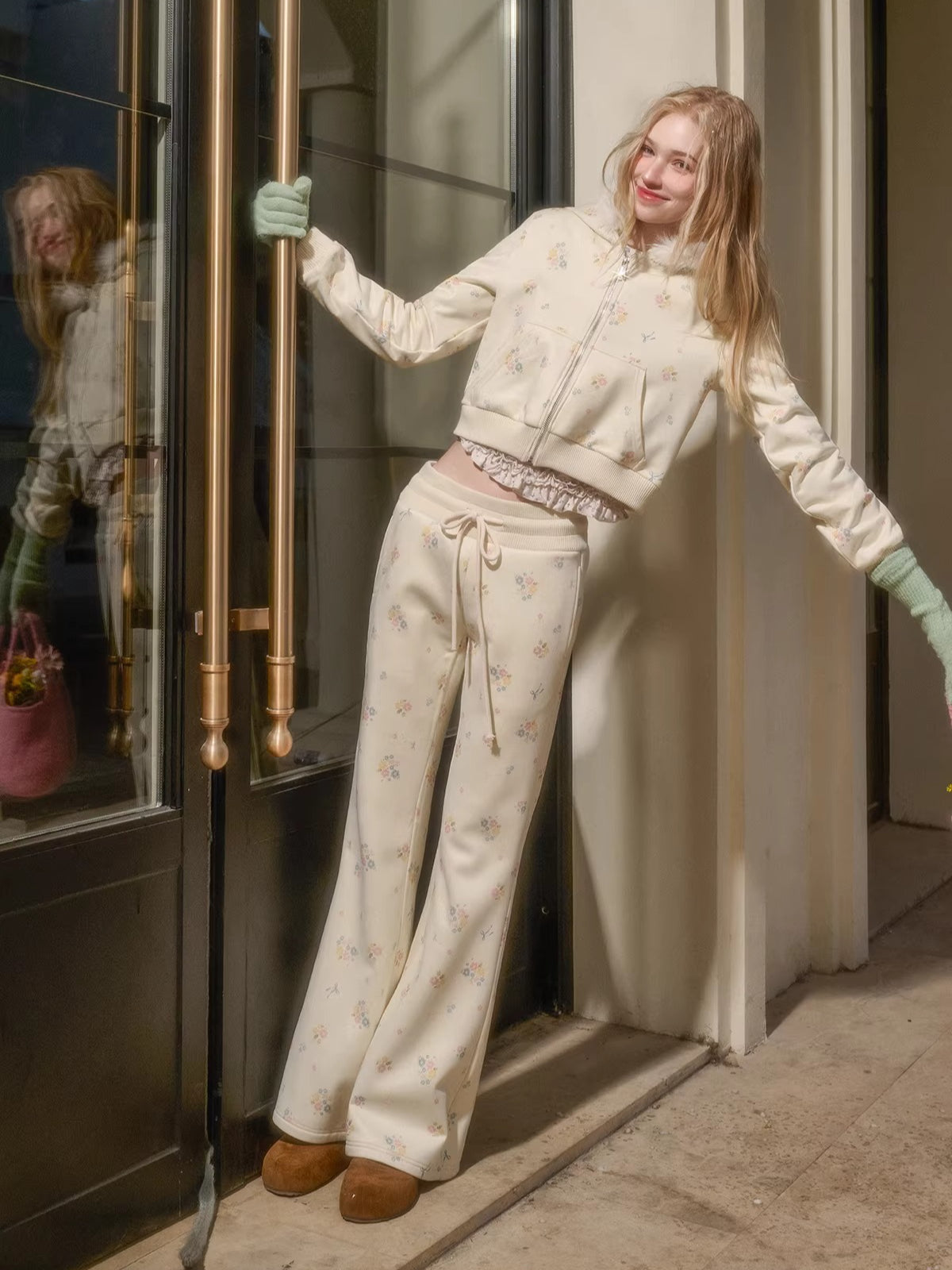 Floral-Trim Hoodie Jacket Set