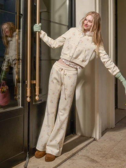 Floral-Trim Hoodie Jacket Set