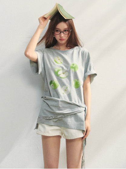 Fruit Print Lace-Trimmed Tie-Up T-shirt