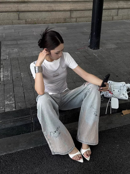 Graffiti Spray-Wash Wide-Leg Denim Jeans