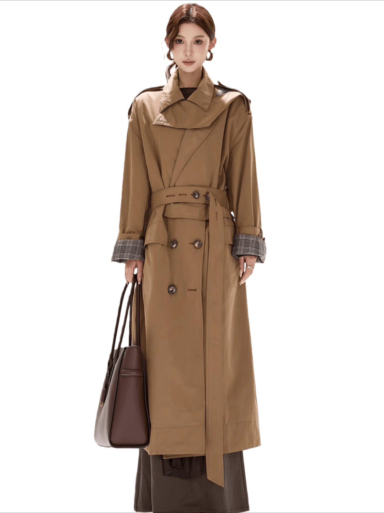 Double-Breasted Check-Panel Trench Coat