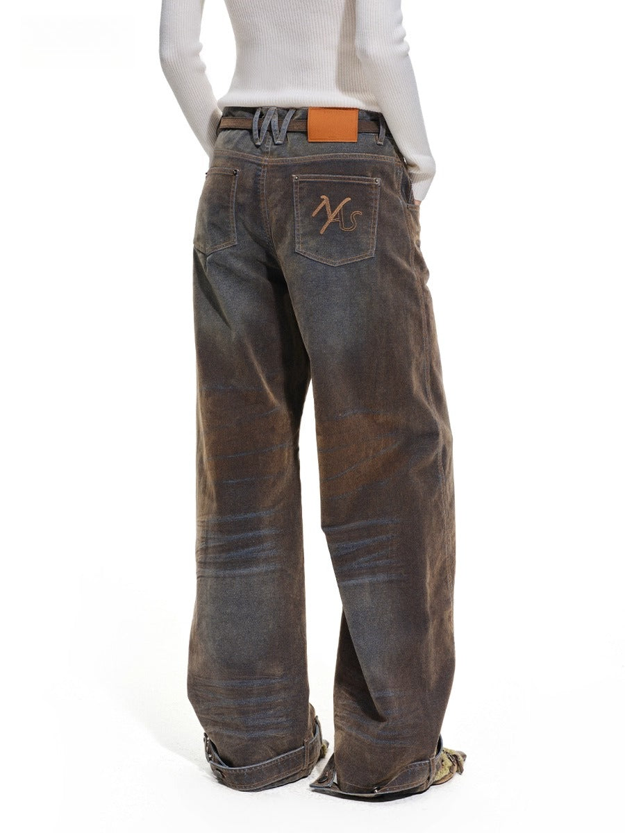 Terracotta Velvet-Washed Wide-Leg Jeans