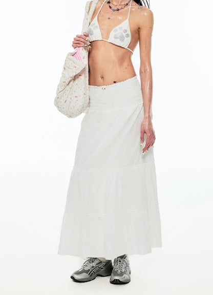 White Elastic-Waist A-line Pleated Midi Skirt - CHINASQUAD