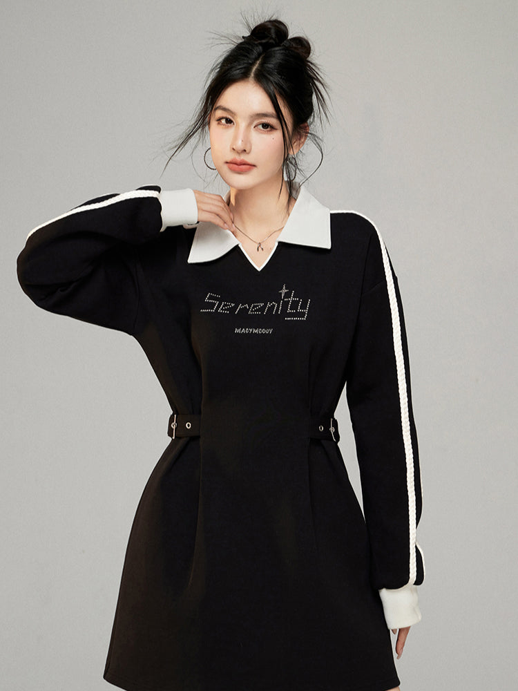 Color-Blocked Waist Cinching Polo V-neck Sweatshirt Dress