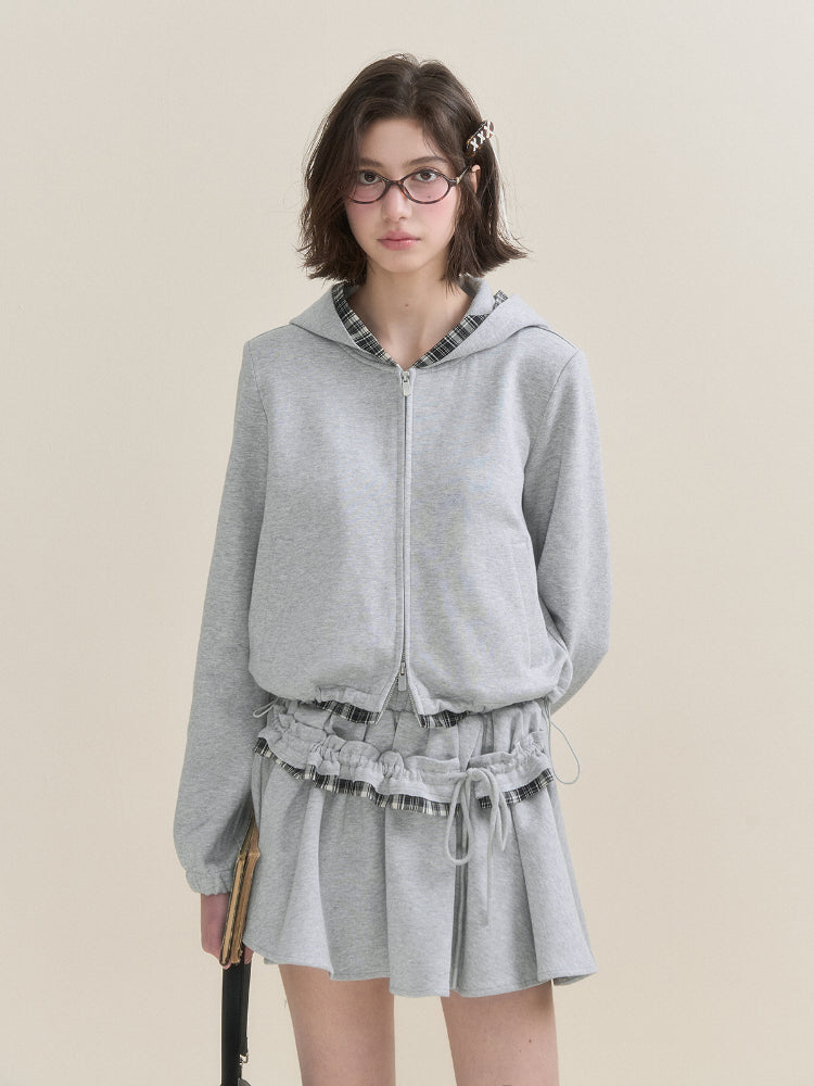 Gray Plaid Spliced Hoodie &amp; Skirt Set