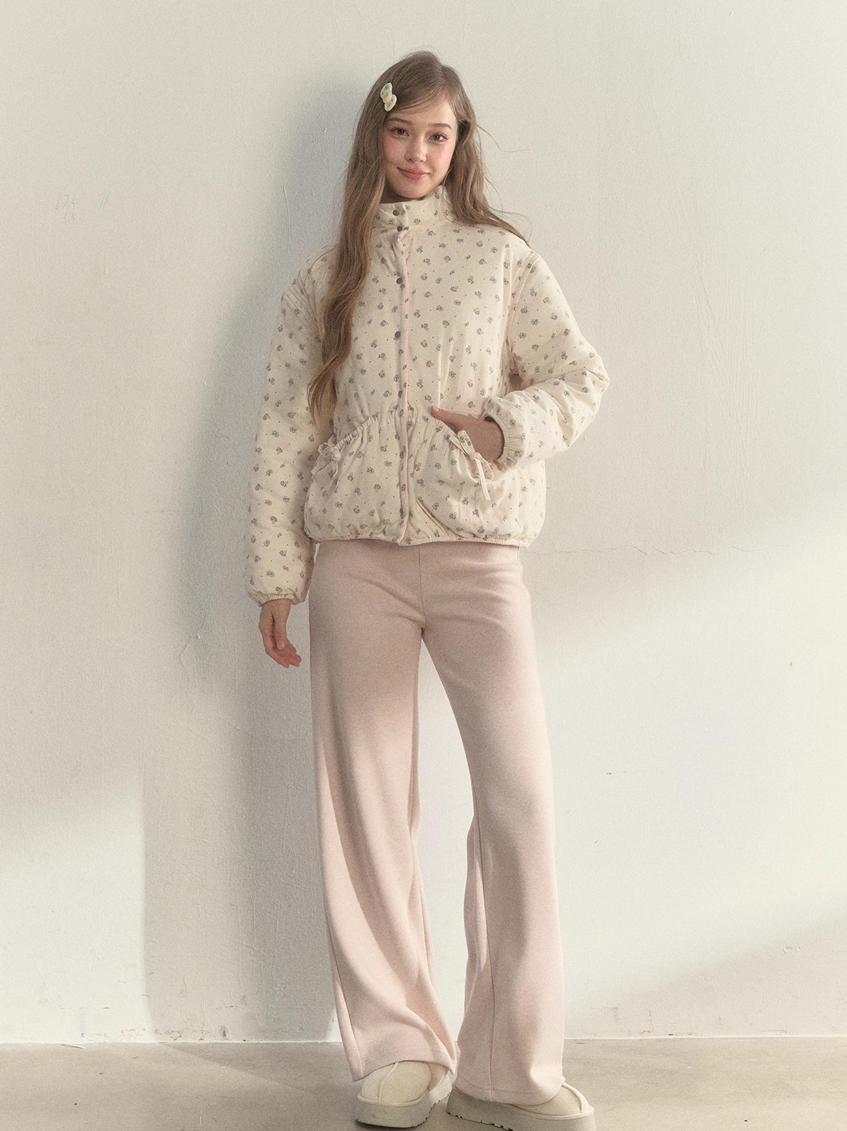 Pink Detachable-Sleeve Corduroy Floral Reversible Jacket