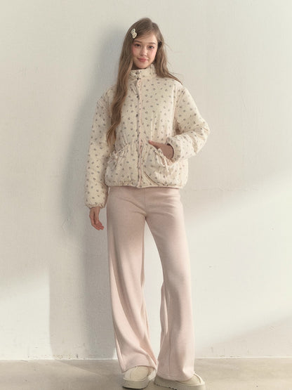 Pink Detachable-Sleeve Corduroy Floral Reversible Jacket