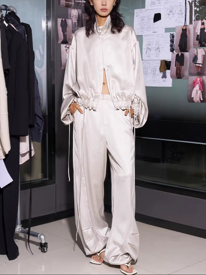 Draped Satin Pleated Wide-Leg Trousers