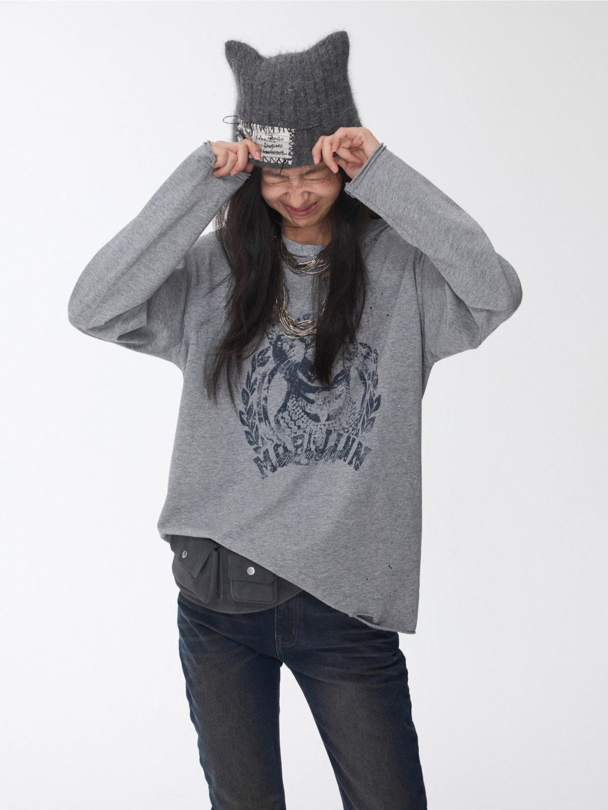 Vintage Cat &amp; Dog Print Distressed Long-Sleeve Tee
