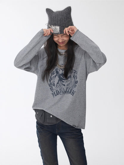 Vintage Cat &amp; Dog Print Distressed Long-Sleeve Tee