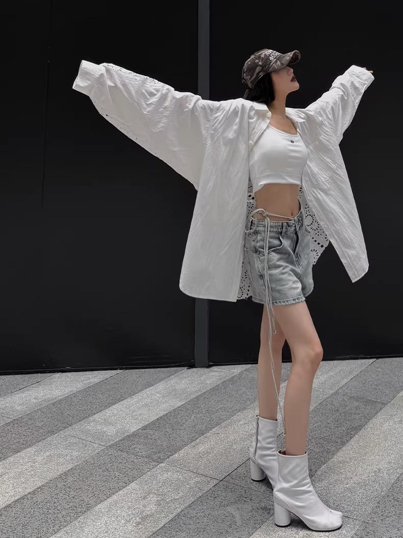 Tie-Waist Raw-Edge Vintage Denim Shorts