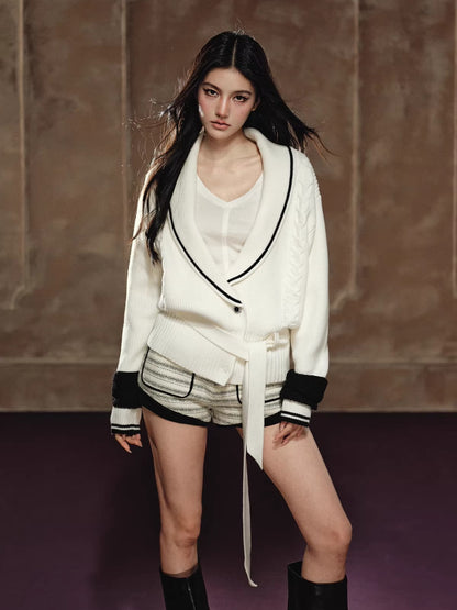 Oversized Contrast V-Neck Tie-Waist Knit Sweater