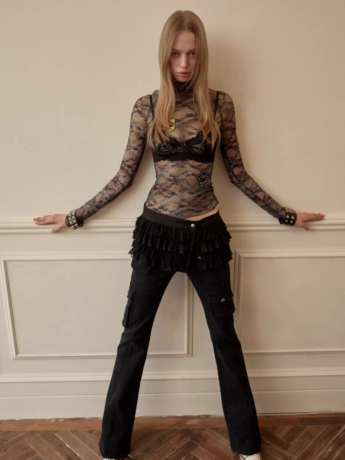 Button Chiffon Lace Layered Mini Skirt