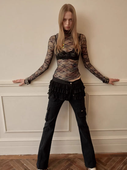 Button Chiffon Lace Layered Mini Skirt