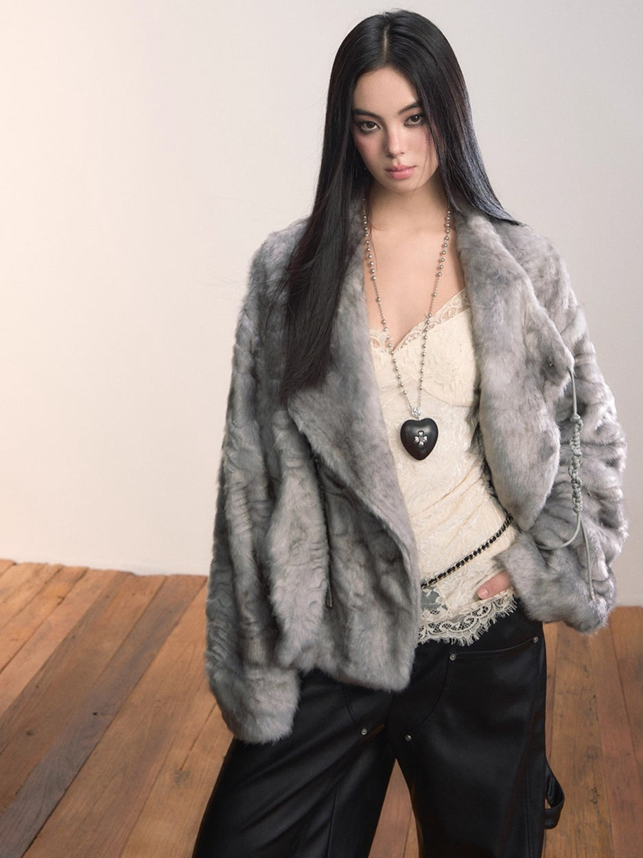 Textured Faux Fur Oversized Lapel Jacket