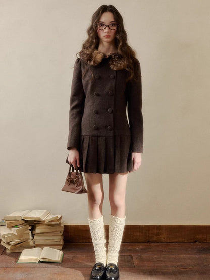 Vintage Preppy Doll-Collar Houndstooth Pleated Dress