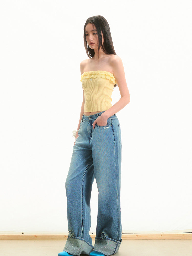 Transparent Rhinestone Straight-Leg Jeans