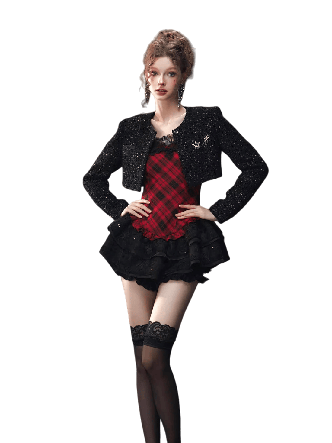 Plaid Puff Dress with Lace Overlay Set