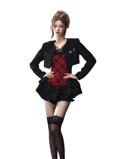 Plaid Puff Dress with Lace Overlay Set