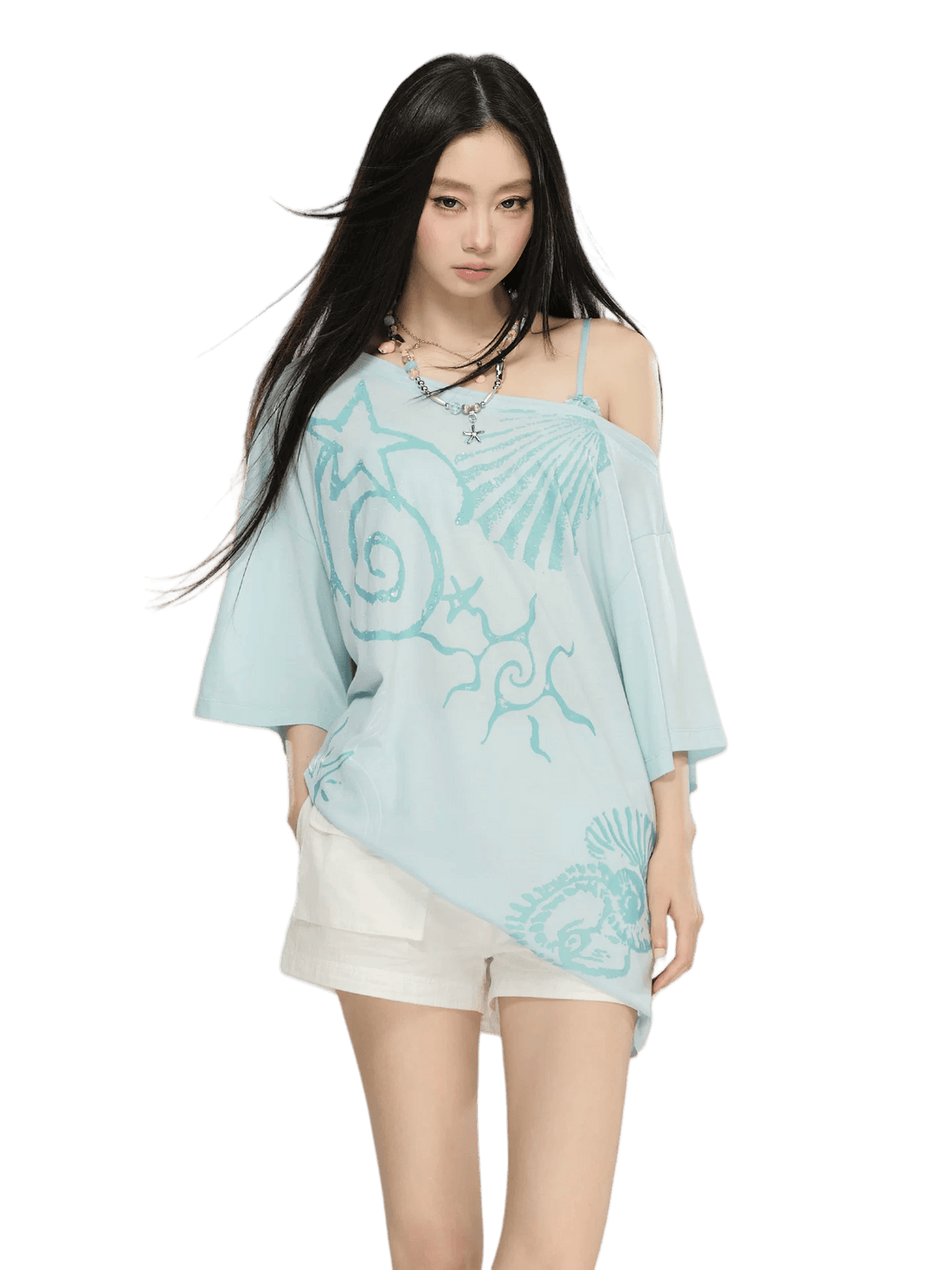 Ocean Print Asymmetric Oversized Modal T-Shirt