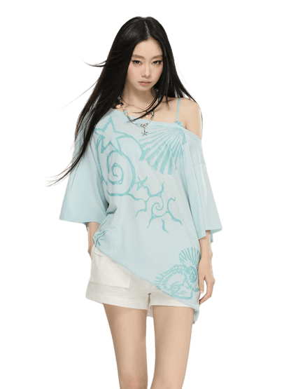Ocean Print Asymmetric Oversized Modal T-Shirt