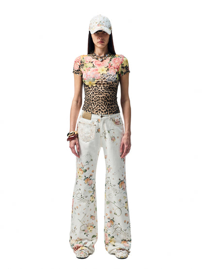 Floral Print Rhinestones Regular-shoulder T-shirt