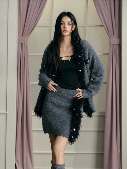 Gray Tassel Cardigan &amp; Skirt Set