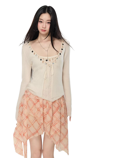 Embellished Knit Cardigan &amp; Camisole Set