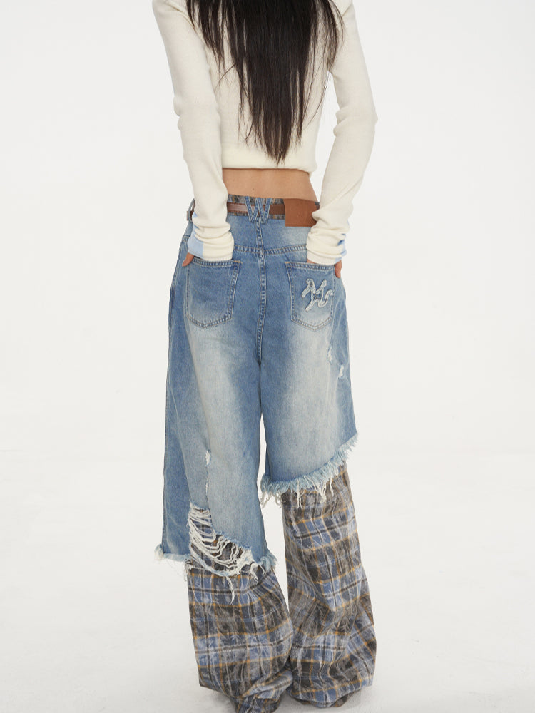 Dual-Layer Plaid Denim Pants