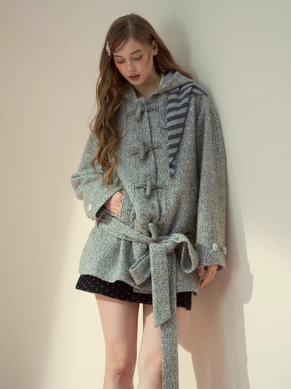 Light Grey Wool-Blend Toggle Belted Coat