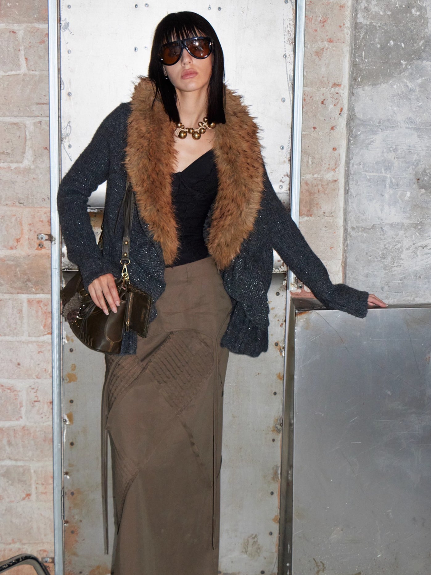 Oversized Wool-Collar Knit Cardigan Coat