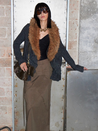 Oversized Wool-Collar Knit Cardigan Coat