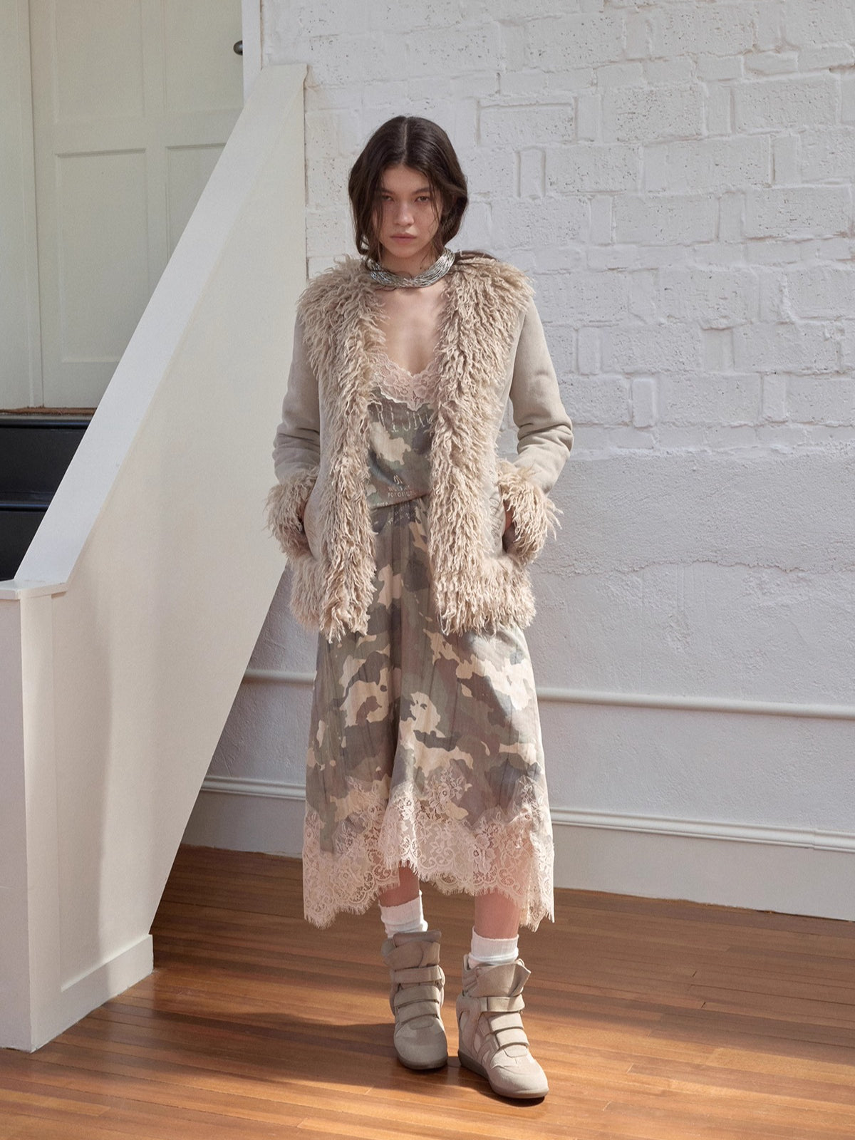 Suede Shearling Embroidered Panel Jacket
