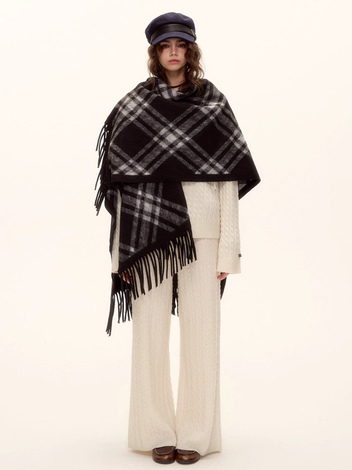 Vintage Plaid Tassel Cape Scarf